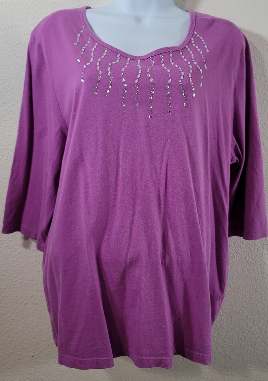 Liz & Me Purple Rhinestone Round Neck Top 14W 16W Plus Lightweight Soft Stretch